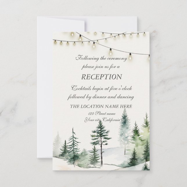 Invitación Bosque de pinos,Recepción de boda con luces de cad (Anverso)
