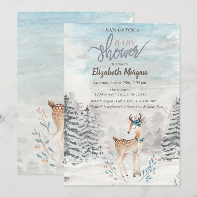 Invitación Bosque de Reno Bebé Nieve Shower de Bebé Reno (Anverso / Reverso)