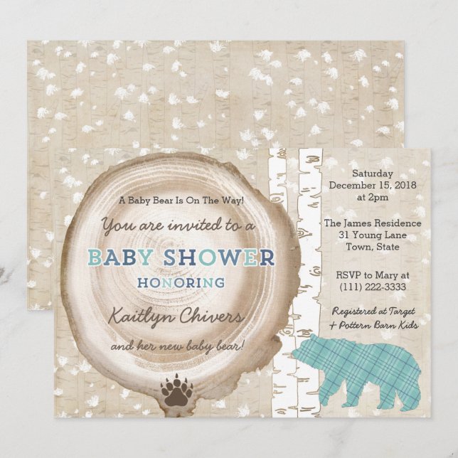 Invitación Bosque de Tartán con oso Invierno Baby Shower para (Anverso / Reverso)