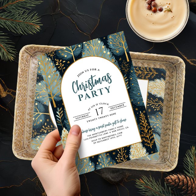 Invitación Bosque de Vacaciones de Arquitectura Moderna Fiest (Modern Arch Holiday Forest Custom Christmas Party Invitation)