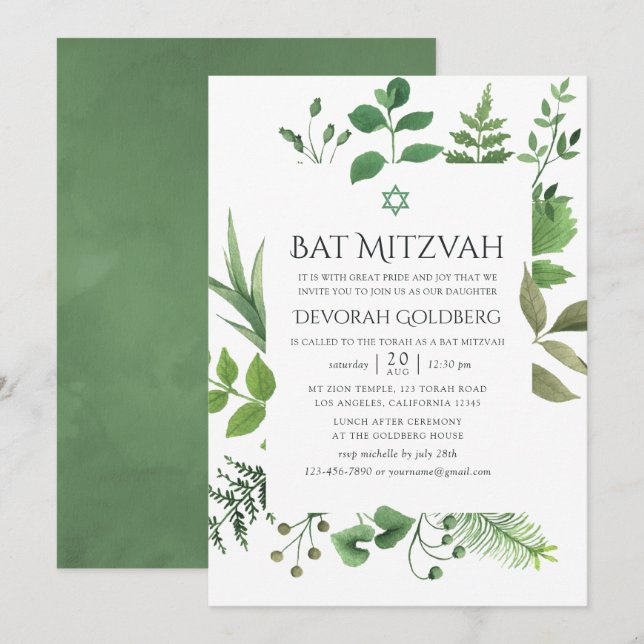 Invitación Bosque de vegetación Bat Mitzvah (Anverso / Reverso)