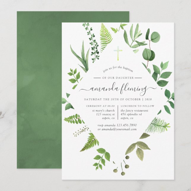 Invitación Bosque de vegetación bautizo o bautismo (Anverso / Reverso)
