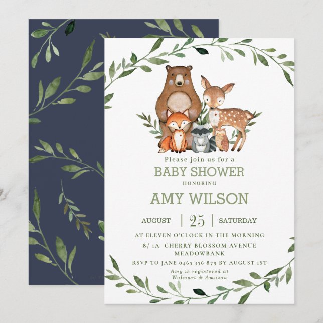 Invitación Bosque de Woodland Animales Baby Shower Greenery (Anverso / Reverso)
