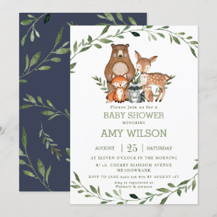 Invitación Bosque de Woodland Animales Baby Shower Greenery