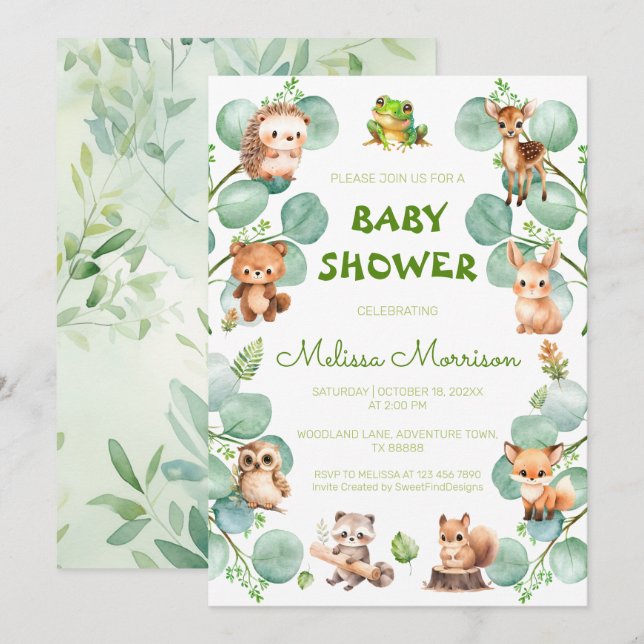 Invitación Bosque de Woodland Criaturas Baby Boy Shower (Anverso / Reverso)