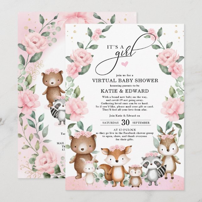 Invitación Bosque de Woodland Rubor Flor rosa Volante virtual (Anverso / Reverso)