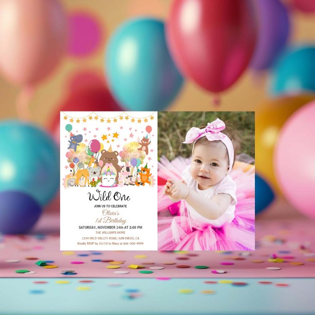 Invitación Bosque de Woodland Wild One Chica Primer Fiesta de (woodland forest wild one birthday party horizontal photo invitation)