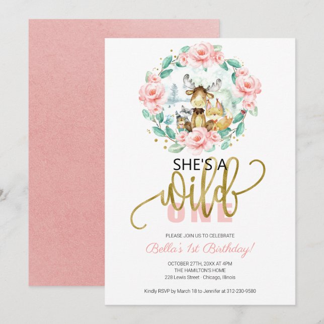 Invitación Bosque Ella Es Una Salvaje Primer Cumpleaños (Anverso / Reverso)