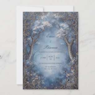 Invitación Bosque Encantado Azul Brumoso Bodas con Filigrana