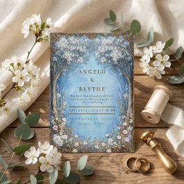Invitación Bosque Encantado Azul Brumoso Marco Dorado Boda