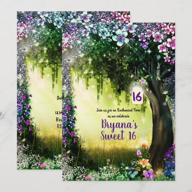 Invitación Bosque Encantado de Ensueño Iluminado Dulces 16 (Anverso / Reverso)