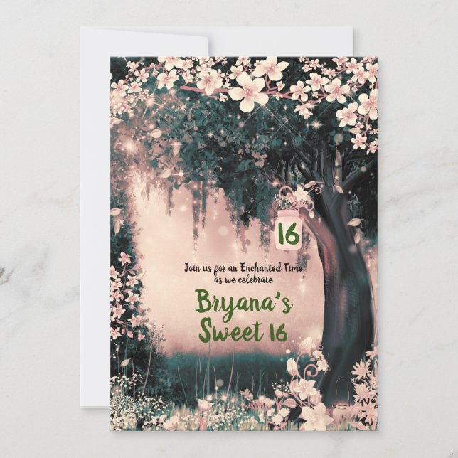 Invitación Bosque Encantado de Fantasía Rosa Dulces 16  I (Anverso)