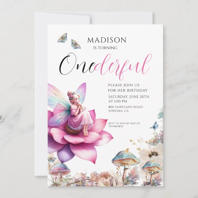 Invitación Bosque encantado de primera cumpleaños de hadas (Anverso)