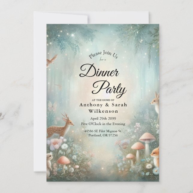 Invitación Bosque Encantado de Teal y Melocotón para Cena en  (Anverso)