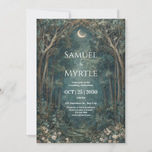 Invitación Bosque Encantado Dorado Medialuna Teal Boda