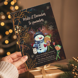 Invitación Bosque Encantado Elfos Hombre de Nieve de Oro Negr