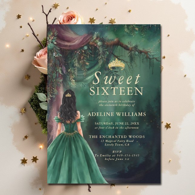 Invitación Bosque Encantado Esmeralda Dorado Cuento de Hadas  (enchanted forest sweet 16 sixteen invitation emerald green gold fairytale fairy tale princess woods)