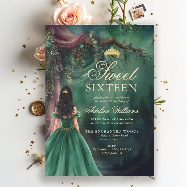 Invitación Bosque Encantado Esmeralda Oro Cuento de Hadas Dul (enchanted forest sweet 16 sixteen invitation emerald green gold fairytale fairy tale princess script)