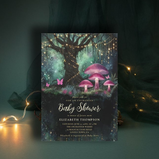 Invitación Bosque Encantado Fiesta de Bebé del Árbol Mágico d (enchanted forest baby shower invitation woodland mushrooms magical tree fairy tale storybook)