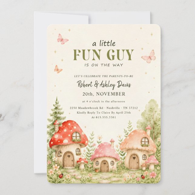 Invitación Bosque Encantado Fiesta de Bebé Hongo (Anverso)