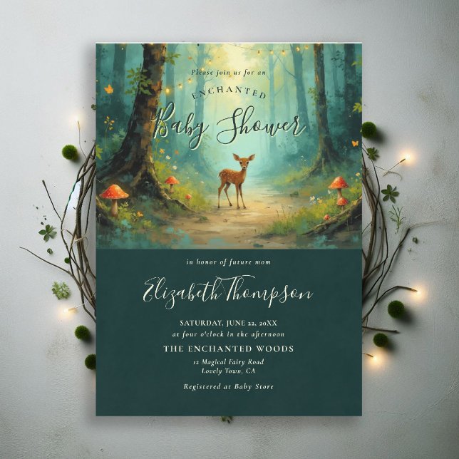 Invitación Bosque Encantado Fiesta de Cuento de Hadas Mágico  (enchanted forest baby shower theme invite magical fairy tale mushrooms woodland deer emerald)