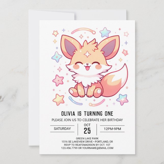 Invitación Bosque encantado Fox primer cumpleaños (Anverso)