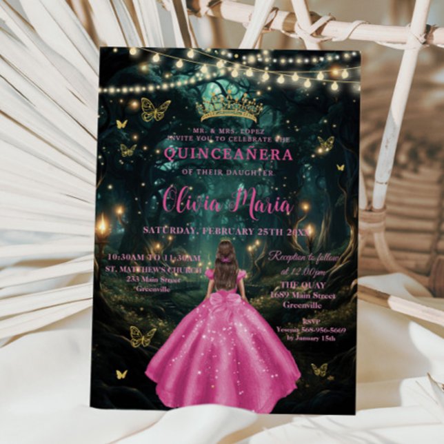 Invitación Bosque encantado Fuchsia Vestido rosa XV Quinceañe (Subido por el creador)