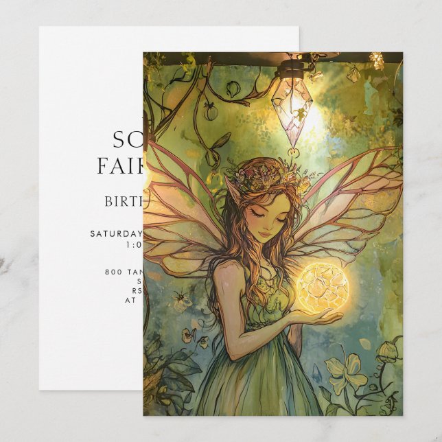Invitación Bosque Encantado Hada Cumpleaños Primero (Anverso / Reverso)