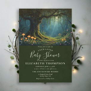 Invitación Bosque Encantado Hongo Luminoso Musgo Baby Shower