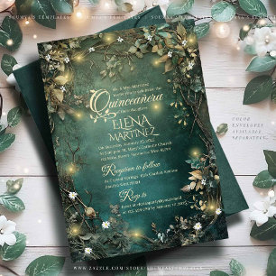 Invitación Bosque encantado Quinceanera verde esmeralda