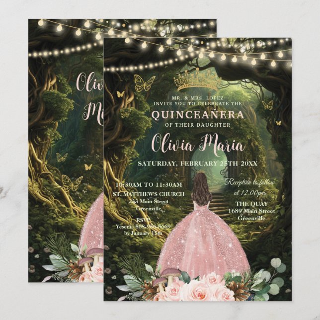 Invitación Bosque encantado Rubor Floral Quinceañera Sweet 16 (Anverso / Reverso)
