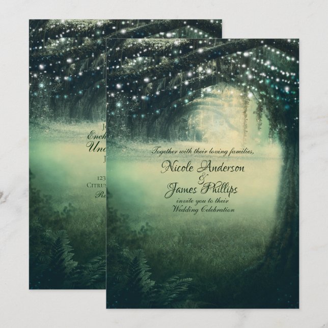 Invitación Bosque Encantado Verde Luces Azules Boda Rústica (Anverso / Reverso)