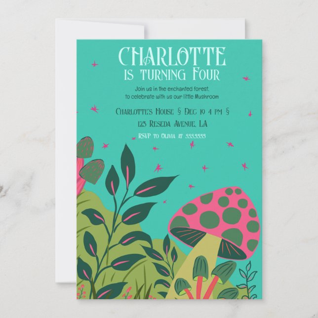 Invitación Bosque encantado y jardín de flores de hongos (Anverso)