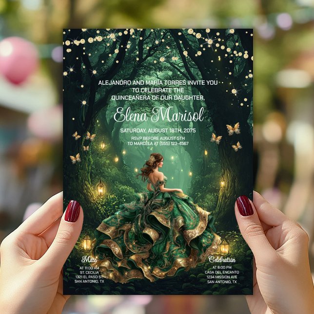 Invitación Bosque esmeralda encantado Quinceañera (Enchanted forest Quinceañera invite with beautiful gown, butterflies, forest lanterns. Add your info)