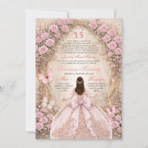 Invitación Bosque Español Mariposa Rosa y Dorada Dulces 15 Añ
