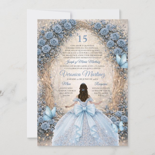 Invitación Bosque Español Polvo Azul Princesa Dulce 15 Años (Anverso)