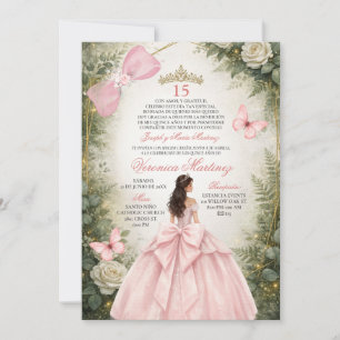 Invitación Bosque Español Verde Blush Rosa Floral 15 Años