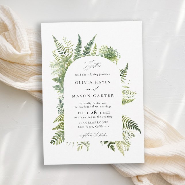 Invitación Bosque Fern Montaña Woodland Arch Elegante Boda (forest wedding invitation woodland fern botanical boho arch elegant rustic mountains outdoors nature)
