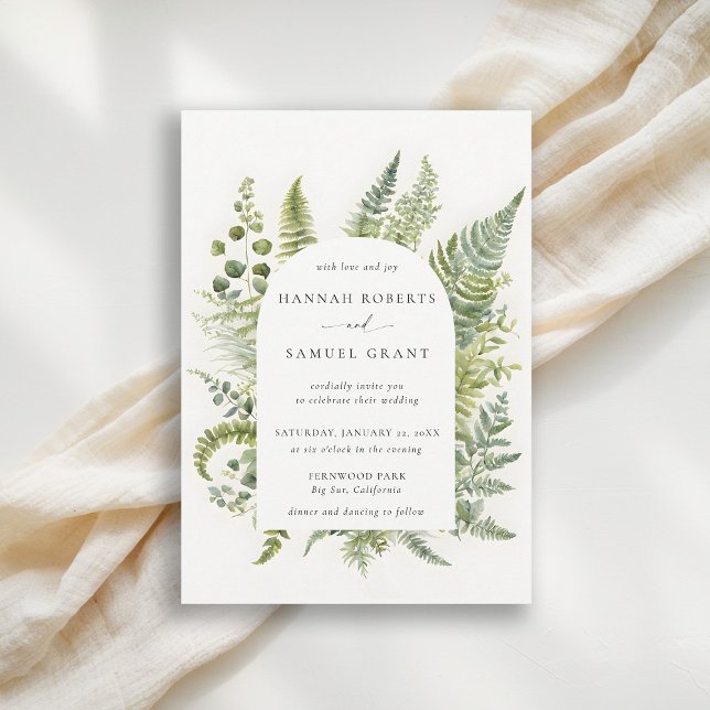 Invitación Bosque Fern Mountain Woodland Arch Boda moderno (forest wedding invitation woodland fern botanical boho arch elegant modern mountains outdoors nature)