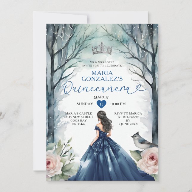 Invitación Bosque floral de invierno con vestido azul marino  (Anverso)