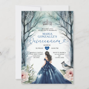 Invitación Bosque floral de invierno con vestido azul marino 