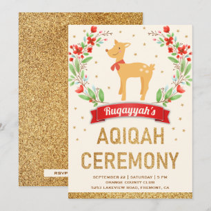 Invitación Bosque Floral Dorado Niña Ciervo Aqiqah