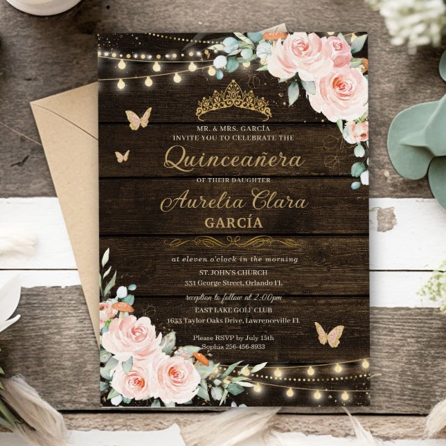 Invitación Bosque floral rubio de Rubor encantado Quinceanera (Subido por el creador)