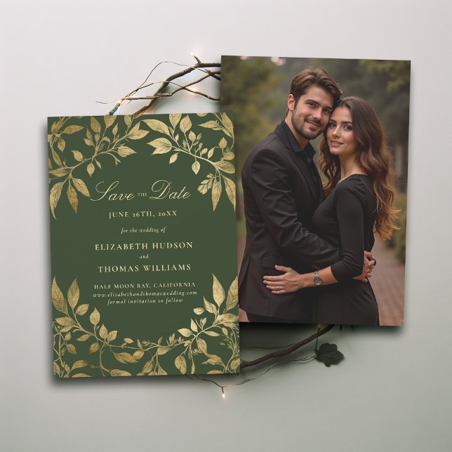 Invitación Bosque Follaje Mágico Foto Boda Fecha de Guardado (Forest Foliage Botanical Photo Wedding Save Date Invite Enchanted Magical Fairy Tale Moody Gold)
