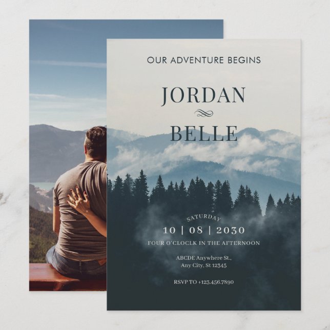 Invitación Bosque fotográfico de boda de aventuras minimalist (Anverso / Reverso)