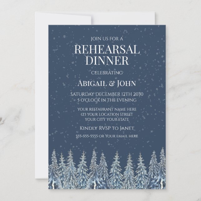 Invitación Bosque invernal azul cena de ensayo rústica (Anverso)