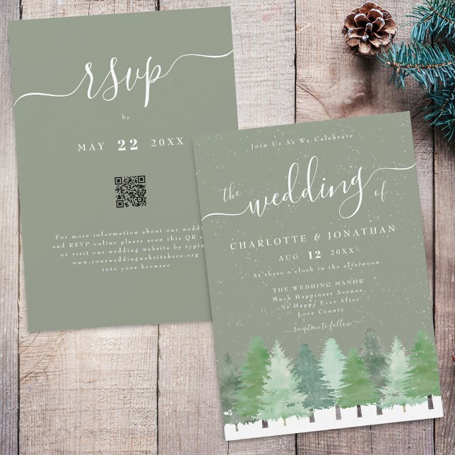 Invitación Bosque Invernal Moderno Código QR de Boda Verde Sa (Winter Woodland forest watercolor sage green and white wedding qr code invitation Elegant script)