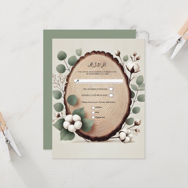 Invitación Bosque Madera Eucalipto Algodón Rústico Boda RSVP (Anverso/Reverso In Situ)