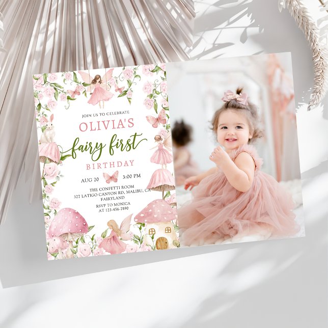 Invitación Bosque Mágico Rosa Hada Cumpleaños Primero Foto (Subido por el creador)