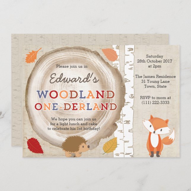 Invitación Bosque Onederland Woodland Criaturas de primer cum (Anverso / Reverso)